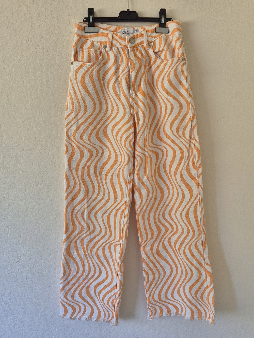 Zara White & Orange Wave-Print Wide Leg Pants